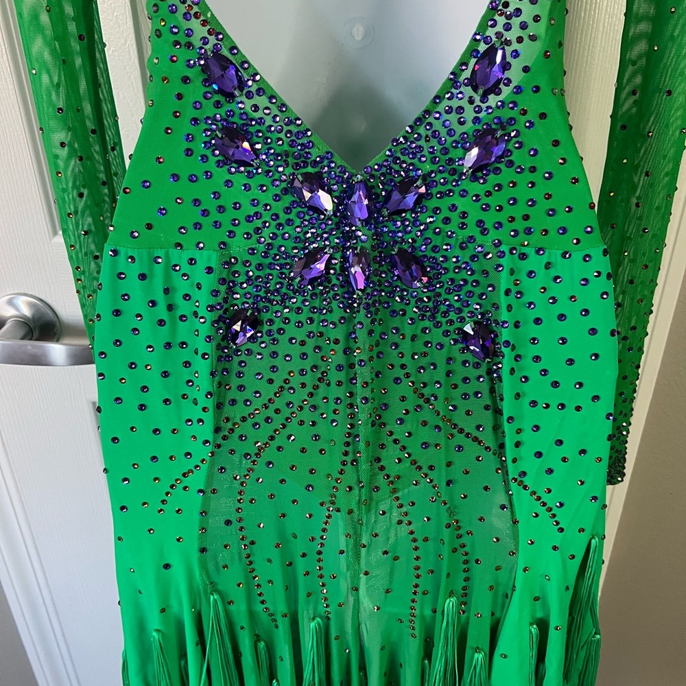Designer Latin Dancesport Dress Long Sleeve Swarovski Stone Green & Purple Color - Picture 5 of 8